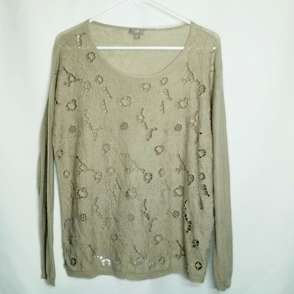 J. Jill Sweater Pull Over Open Knit Tan Floral Lightweight packable‎ Size M